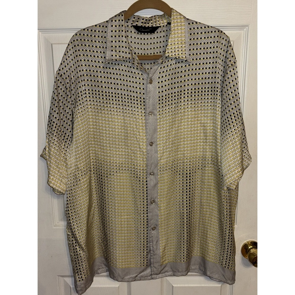 Genelli Silk Shirt Men's L Gray Yellow Black Button Up SS Geometric Squares